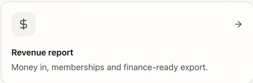 Revenue report entry in the springfit Reports catalogue.