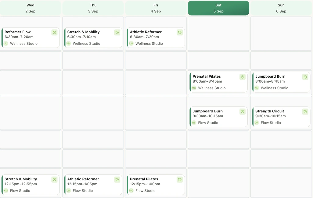 Demo springfit weekly timetable showing scheduled classes