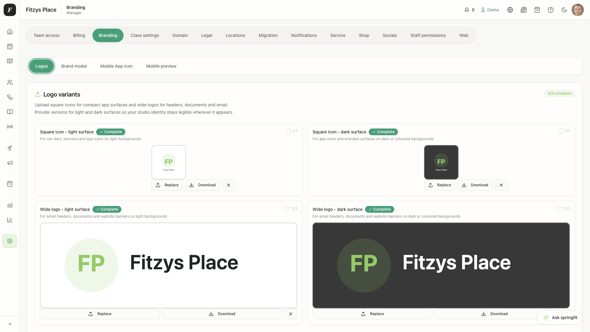 SpringFit desktop branding screen for managing studio brand settings.