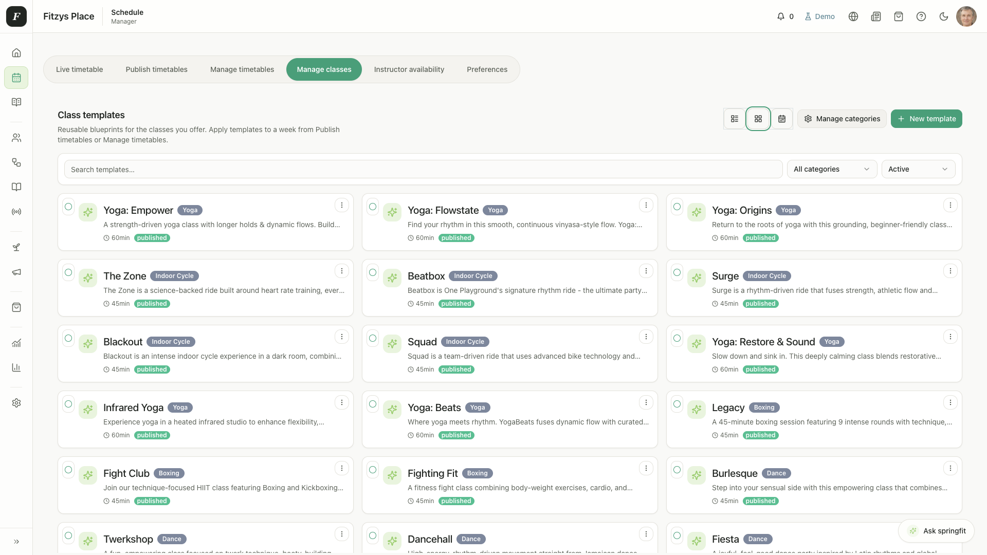 SpringFit desktop classes screen showing class management workflows.