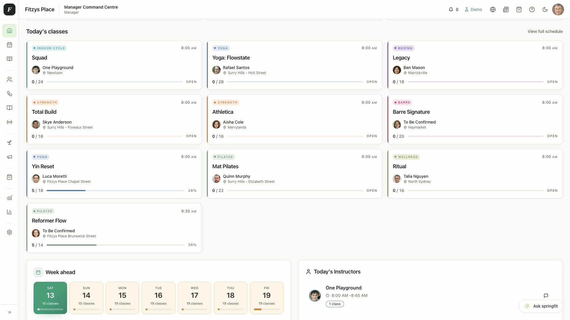 SpringFit desktop dashboard showing studio operations and daily management tools.