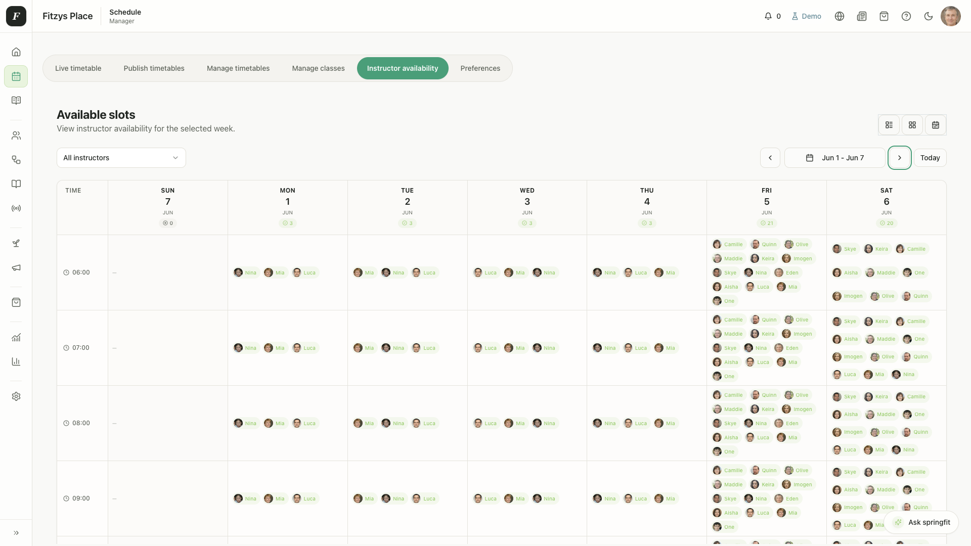 SpringFit desktop instructor availability screen for coordinating teaching schedules.