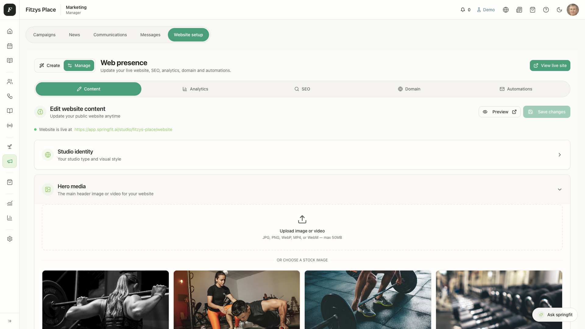 SpringFit desktop integrated website screen for managing a studio web presence.