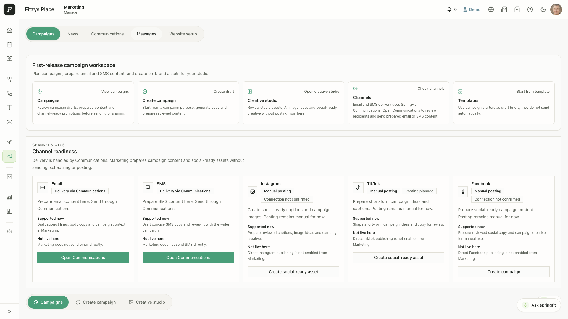 SpringFit desktop marketing screen for managing studio campaigns.