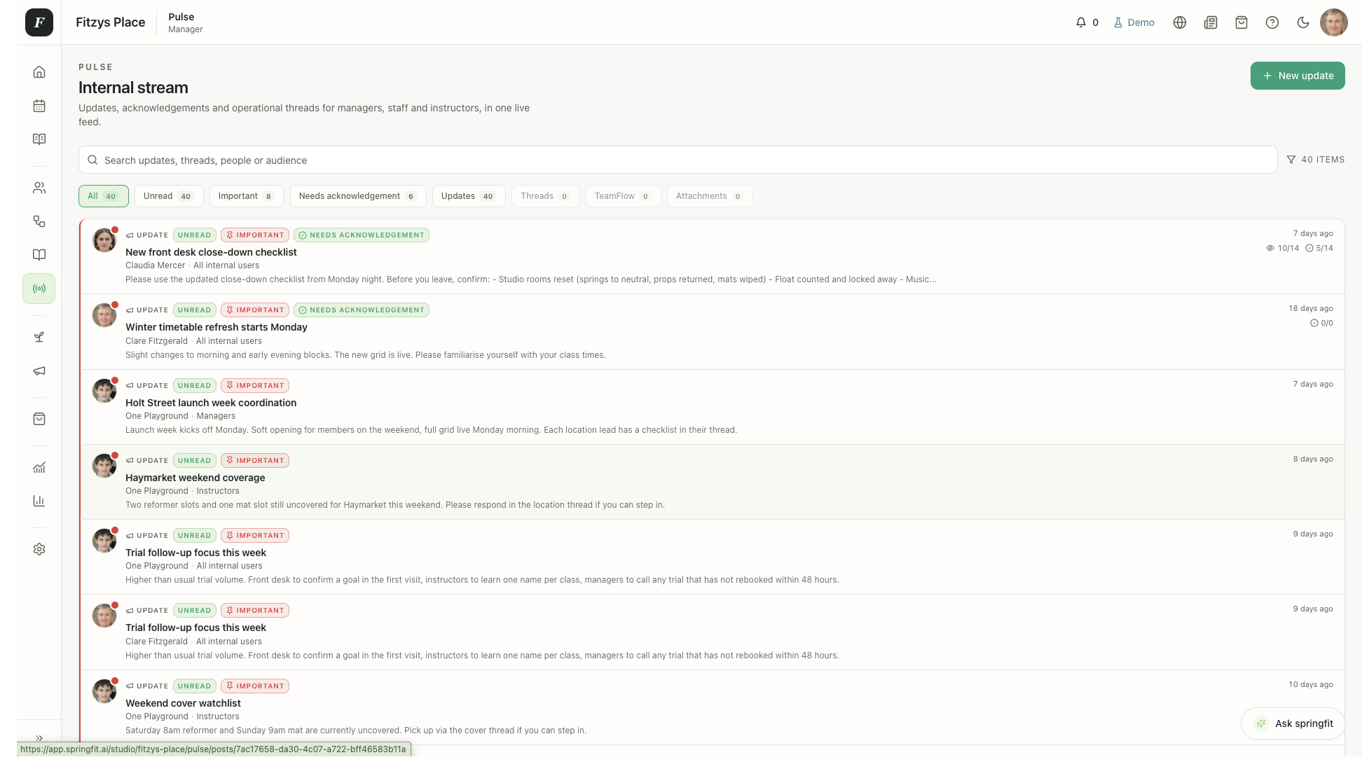 SpringFit desktop pulse screen for internal studio team feedback.
