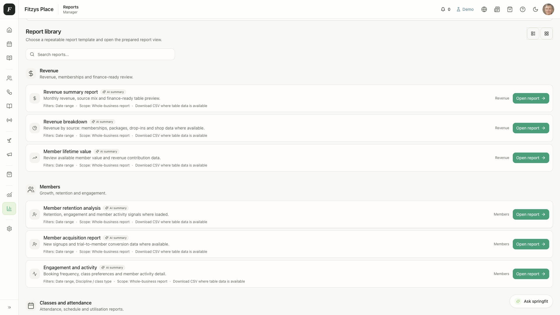 SpringFit desktop reports screen showing studio reporting workflows.