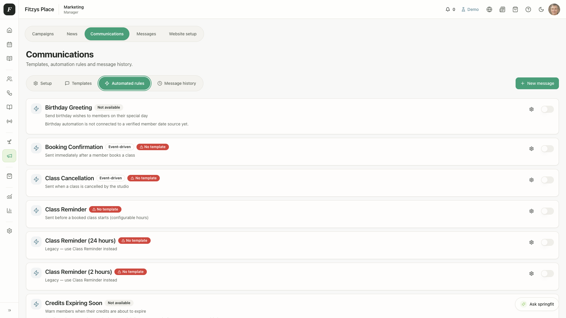 SpringFit desktop communications screen for SMS and email messages.